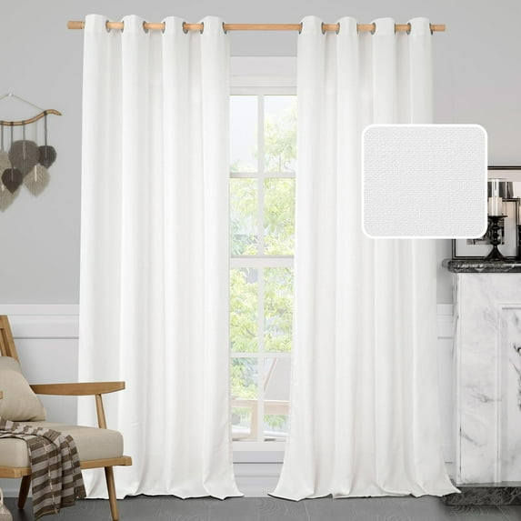 White Linen Curtains 90 Inch Long 2 Panels Set for Bedroom Living Room, Grommet Thick Linen Textured Sheer Curtains Light Filtering Privacy Drapes for French Door, 52 x 90 Inch
