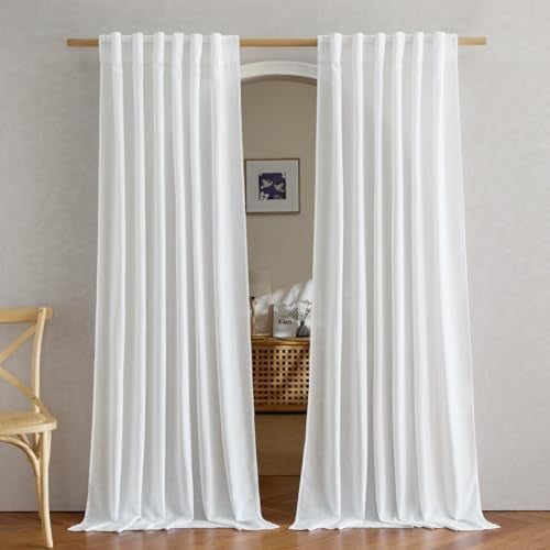 White Linen Curtains for Bedroom, Rod Pocket & Back Tab Thick Flax Window Treatments Privacy Assured with Light Filtering for Kids Room/Living Room, W55 x L84, 2 Pieces