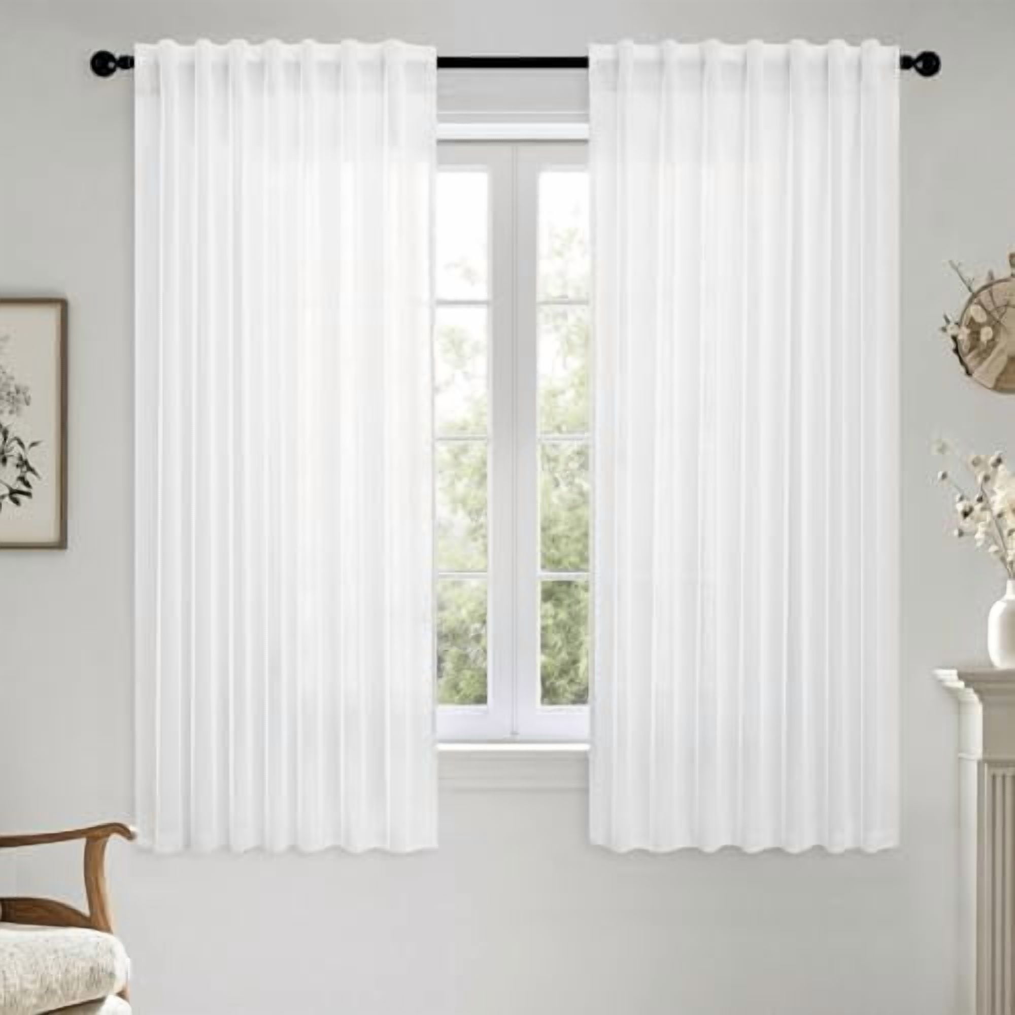 White Linen Curtains Short 60 Inch Length 2 Panels for Kitchen Bedroom, Soft Thick Linen Textured Window Drapes Semi Sheer Light Filtering Back Tab Rod Pocket Burlap Look Decor
