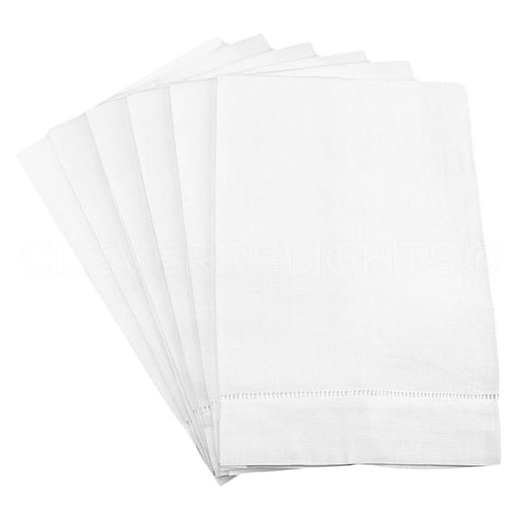 White Linen Hand Towels 6 Pack - 14x22 Inch - Hemstitched Fingertip Towels for Bathroom & Kitchen - 100% Linen Decorative Hand Towels - Elegant Table Linens