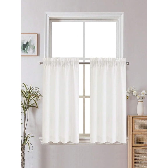 White Linen-Like Solid Short Kitchen Curtain, 230g/ ㎡ Lightweight Sheer, Simple Modern Design For Bedroom Living Room