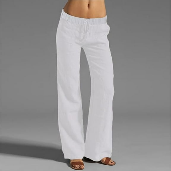 White Linen Pants Women Linen Pants Women Casual Straight Leg Elastic Waisted Drawstring Pants Comfy Solid Long Trousers with Pockets Pants for Women