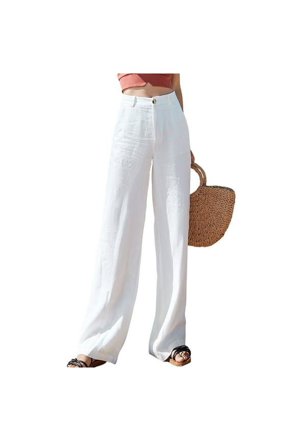 White Linen Pants Womens Casual High Waisted Wide Leg Pants Button Up Straight Leg Trousers Womens Trousers