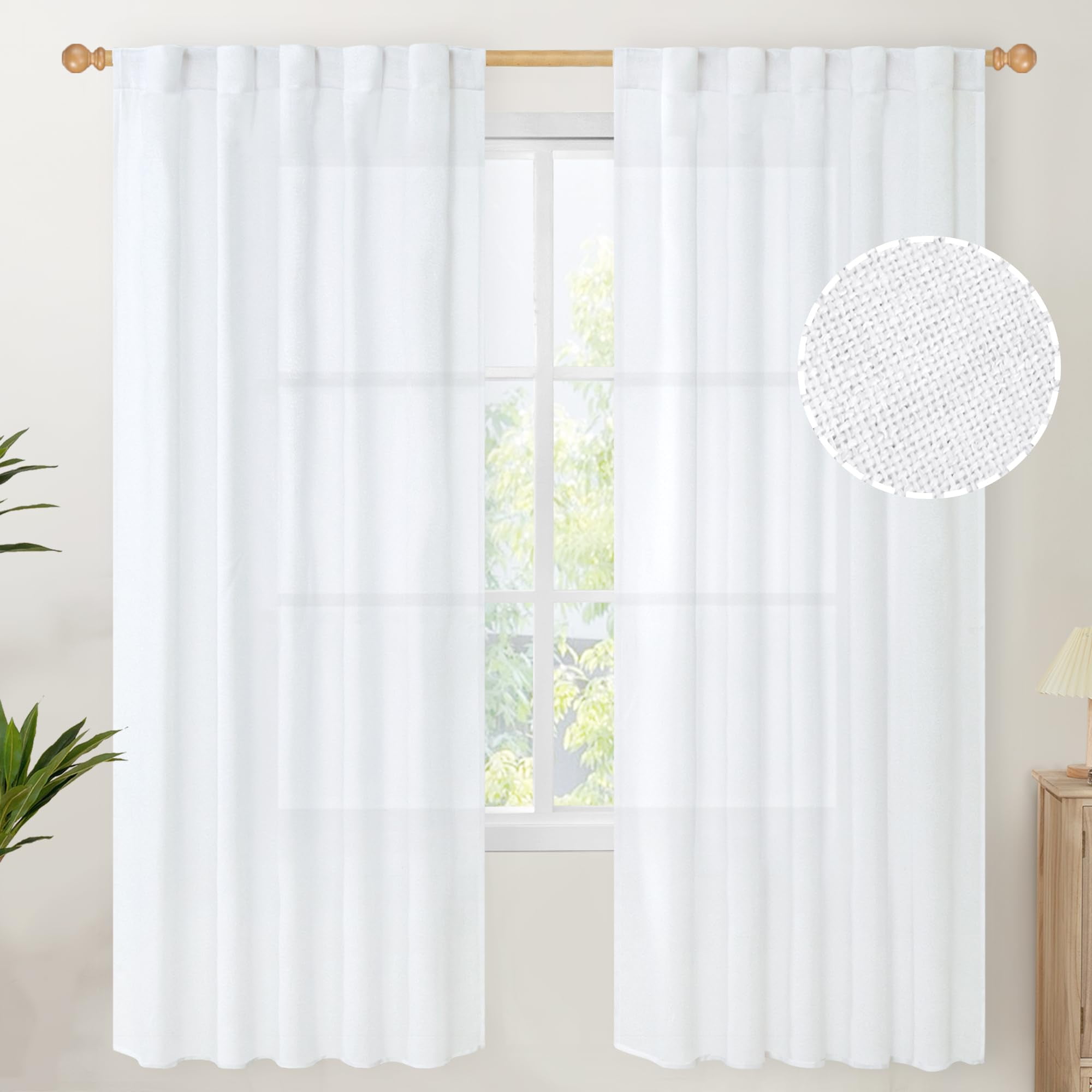 White Linen Semi Sheer Curtains 72 Inch Length 2 Panels for Living Room ...