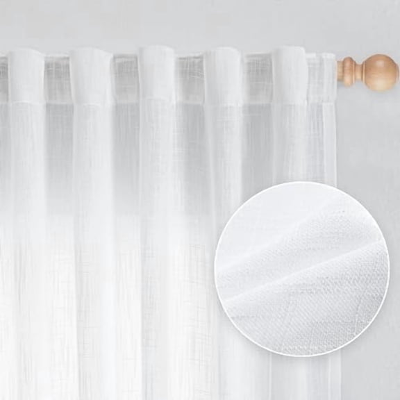 White Linen Sheer Curtains 63 inch length Light Filtering Semi Sheer Curtains for Bedroom Short Window Treatment Privacy Protect Drapes Set, Back Tab Boho Farmhouse Soft, 50" Wide, 2 Panels