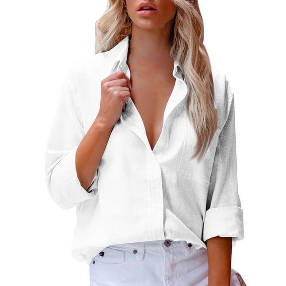 White Linen Shirt Women, Women's Cotton Long Sleeve Casual Blouse Vacation Lightweight Breathable Fabric Temperature-Regulating Work Hip Length Button Down Tunic Machine Wash White Xl