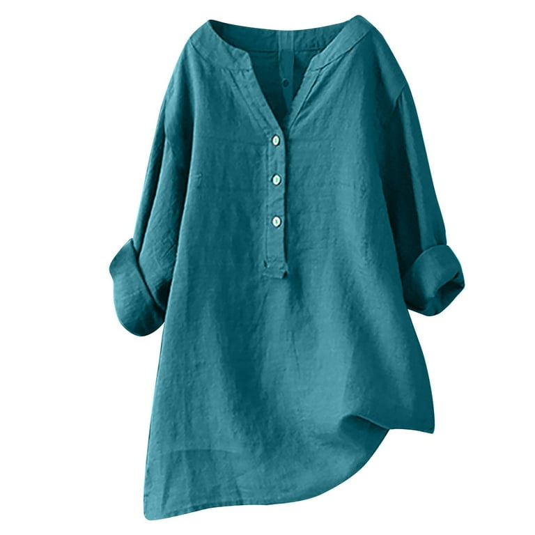 White Linen Tunic Tops for Women Plus Size Womens Tops Clearance 3 4 Sleeve Cotton and Linen Tunic Tops Solid Color Plus Size V Neck Button Relaxed Fit Blouse Womens Fall Fashion 2024