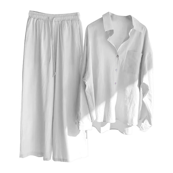 White Linen Workwear Solid Work Full-Length Big & Tall Banded Waist Women's Trousers Suit, Women's Casual Solid Retro Plus Size Cotton Button Shirt High Waist Loose Pocket Long Pant Suit