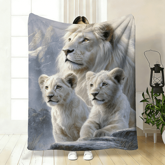 White Lion of Judah-Themed Polyester Flannel Blanket – Soft, Warm Throw for Bed, Sofa, Travel, Camping – 3 Sizes