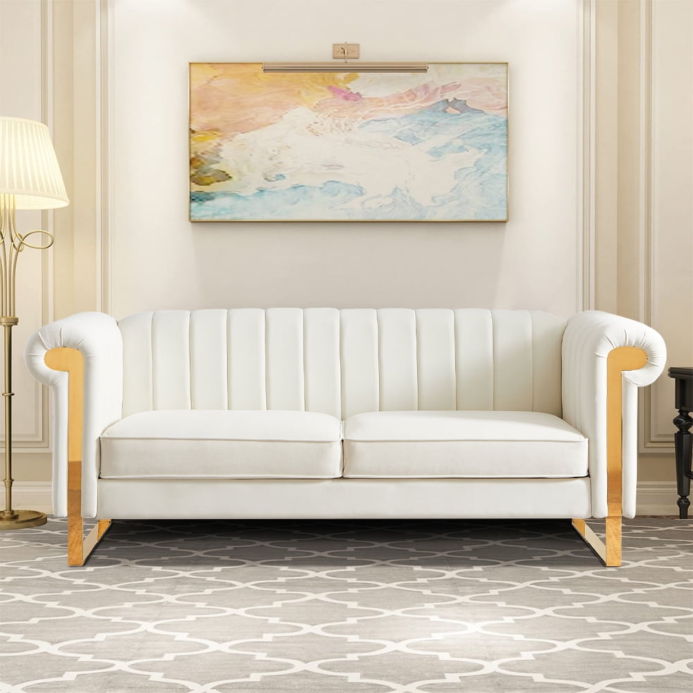 White Living Room Couch, KAMIDA 3Seat Velvet Couch, MidCentury