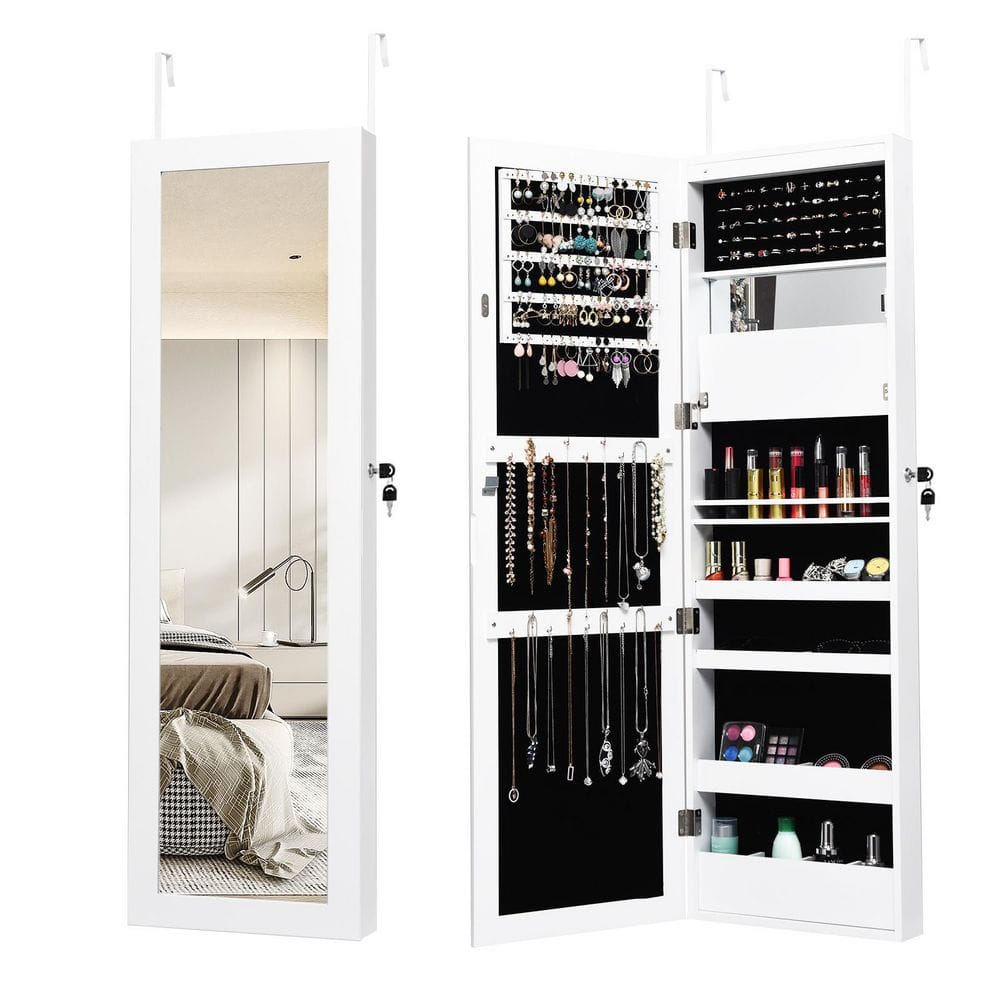 White Lockable Wall Door Mounted Mirror Jewelry with LED Lights