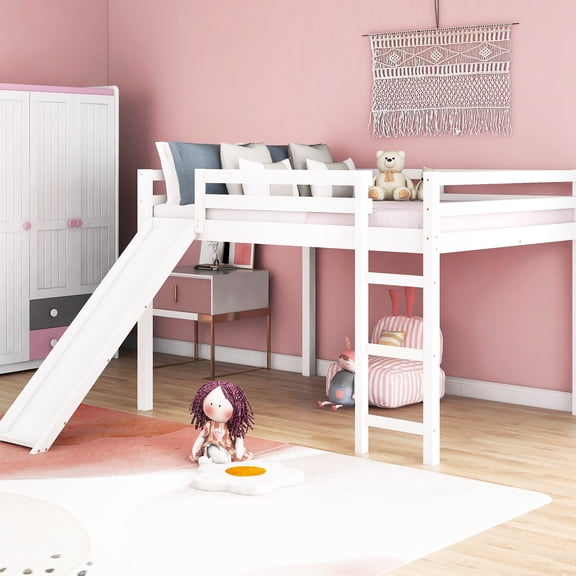White Loft Bed With Shining Slide - Crafted From Solid Wood For Brightness Fascinatingly Stable