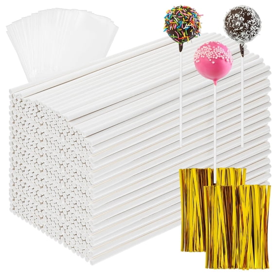 White Lollipop Sticks 6in Cake Pop With Clear Bags & Twist Ties For Candy Making