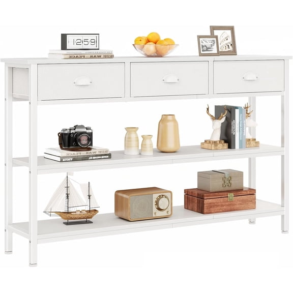 White Long 47" Console Sofa Table with 3 Drawers, Entryway Table with 3-Tier Storage Shelves, Display Shelf for Entry Way, Hallway, Couch, Living Room, Kitchen, Foyer