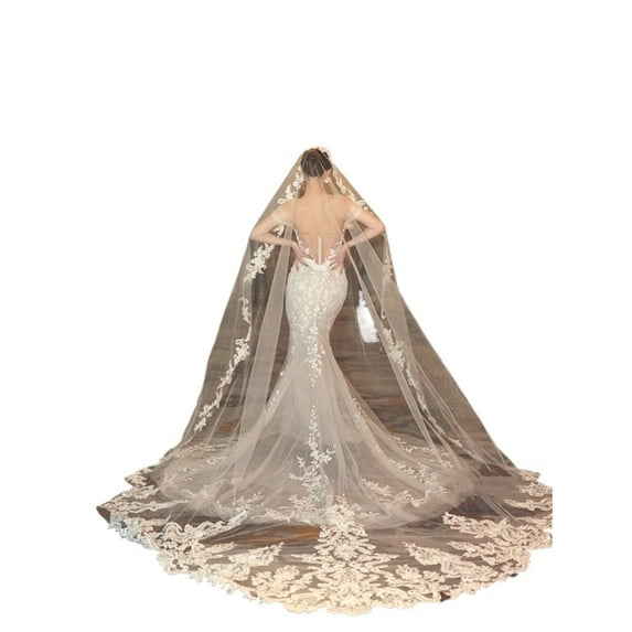 White Long Cathedral Length Bridal Veils Appliques Stock Wedding Veils Wedding Accessories De Mariage Voile De Mariée