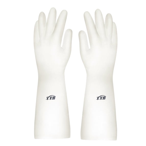 White Long Cuff Kitchen Gloves, Waterproof Rubber Cleaning Gloves with Warm Fleece Lining, Durable Latex Dishwashing Gloves