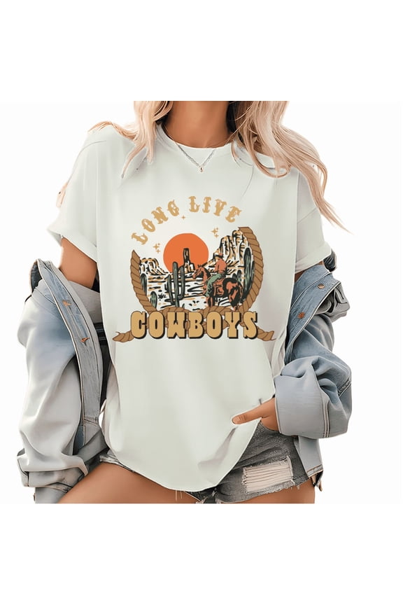 White Long Live Cowboys Western Desert Graphic Tees Print Tshirt Women Shirts S-5XL Cotton Casual Tops