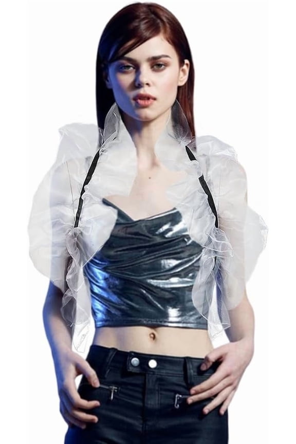 White Long Organza Ruffled Pleated Sheer Detachable Decorative Scarf Wrap Neck Costume False Collar Shawl Tulle Shawls for Women s Wedding Bridal Party Evening Dress Accessories White DIY