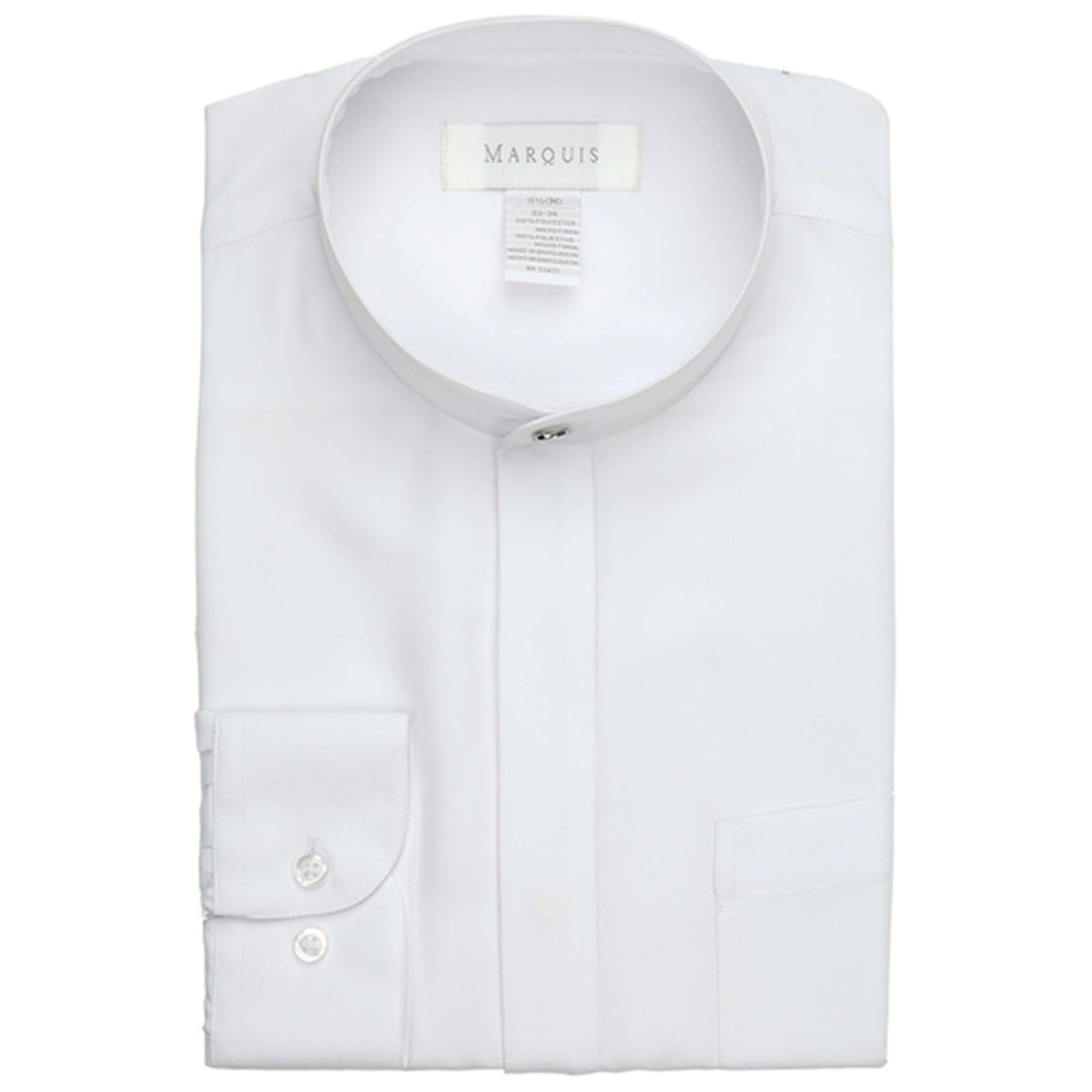 White Long Sleeve Banded Collar Shirt, M, N - 15.5, Sleeve - 33-34