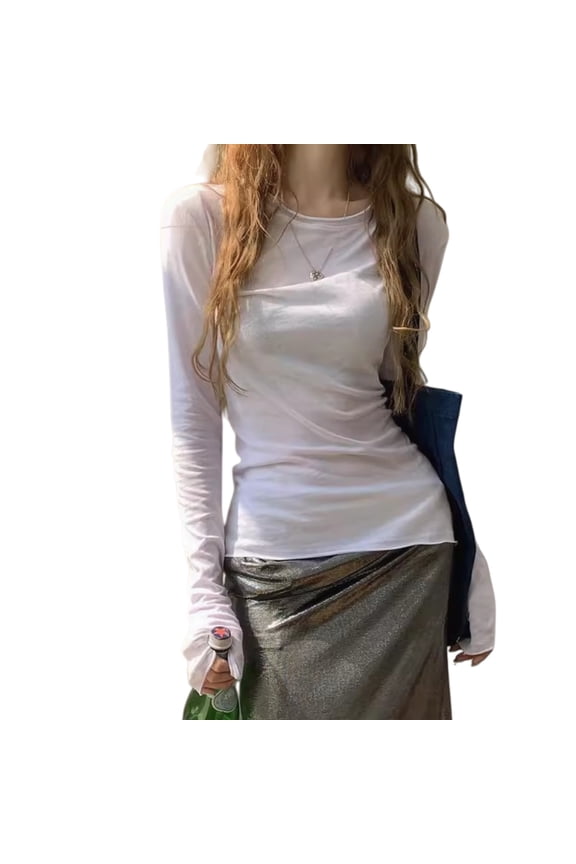 White Long Sleeve Base Layer Slim Thin Sheer T Shirt Women Soft Stretch Casual Top
