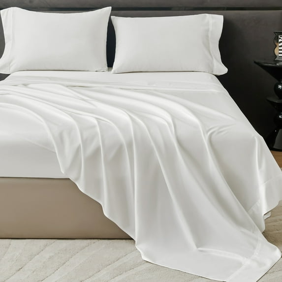 White Long Stape Sateen Cotton 4pc Sheets Set King Size Bedding Home Hotel 800TC Silky Luster Fitted Sheet Up to 16"