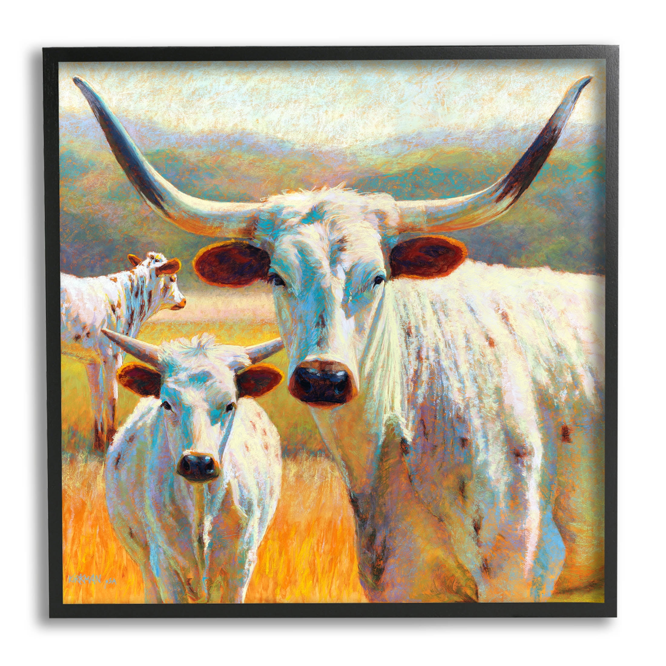 White Longhorn Cattle Farmland Animals & Insects Painting Black Framed Art Print Wall Art