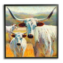White Longhorn Cattle Farmland Animals & Insects Painting Black Framed Art Print Wall Art