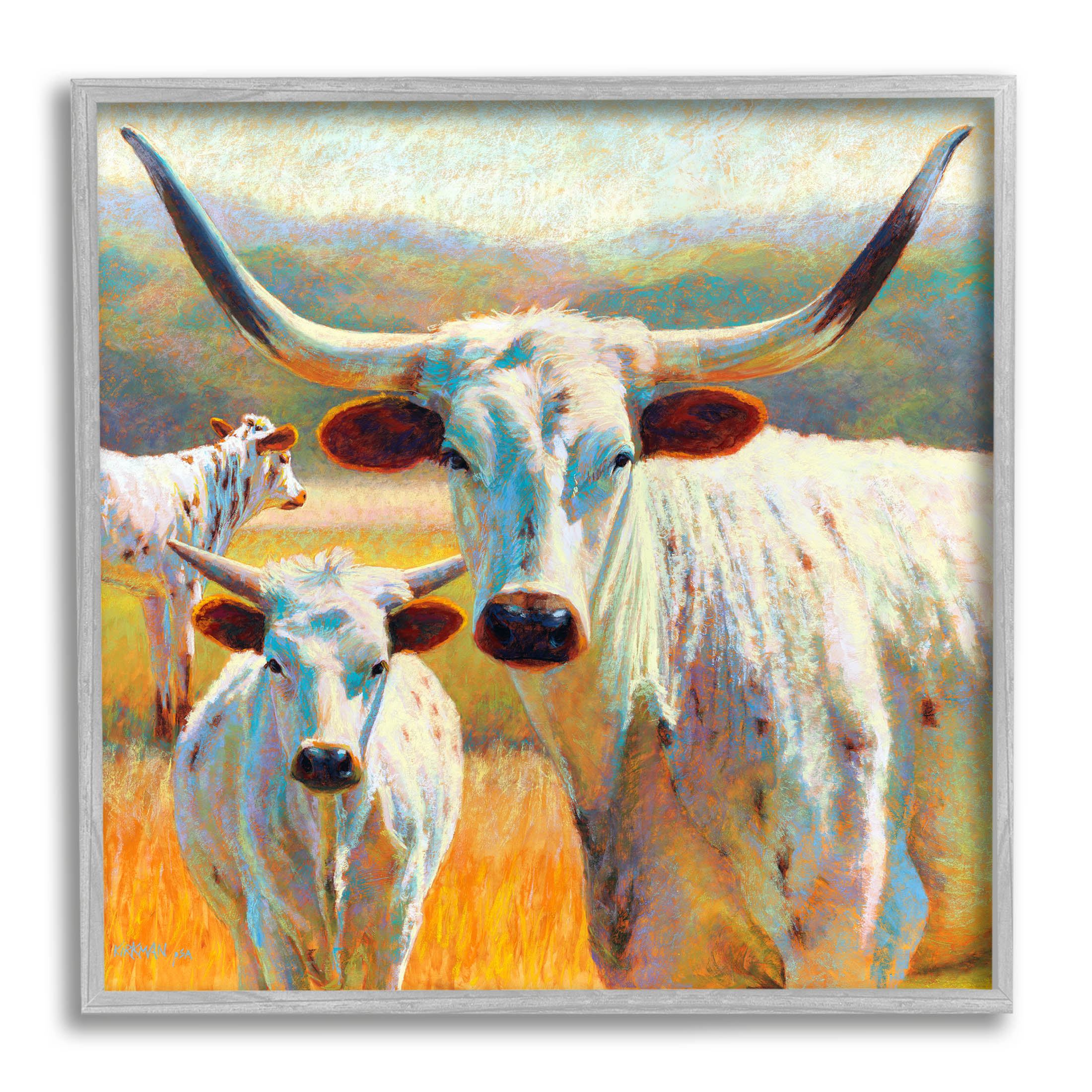 White Longhorn Cattle Farmland Animals & Insects Painting Gray Framed Art Print Wall Art