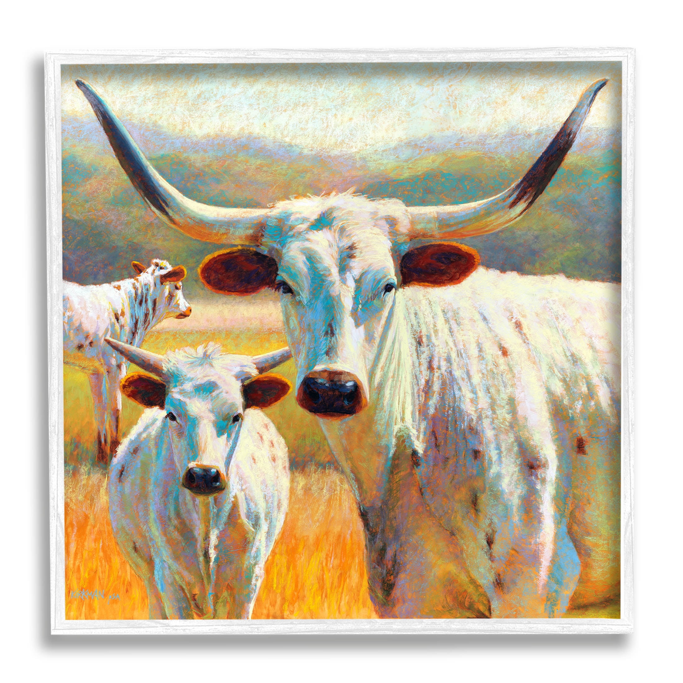 White Longhorn Cattle Farmland Animals & Insects Painting White Framed Art Print Wall Art