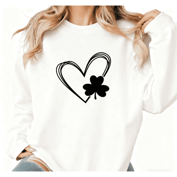 White Loose Print Sweatshirt Graphic Sweatshirt S-3XL Heart Outline Shamrock St Patrick's Day Cotton Tops