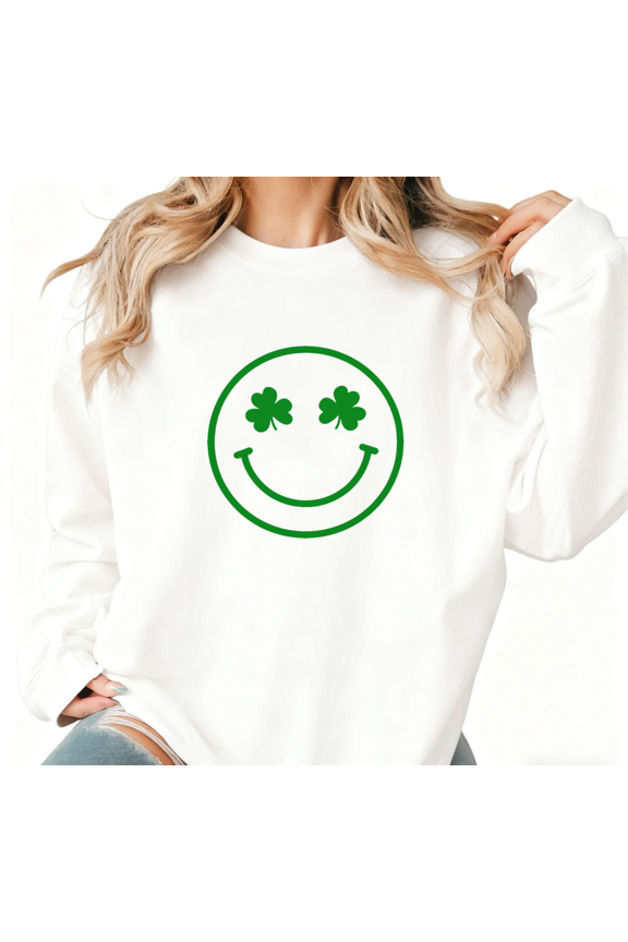 White Loose Print Sweatshirt Graphic Sweatshirt S-3XL Shamrock Smile Face St Patrick's Day Lucky Cotton Tops