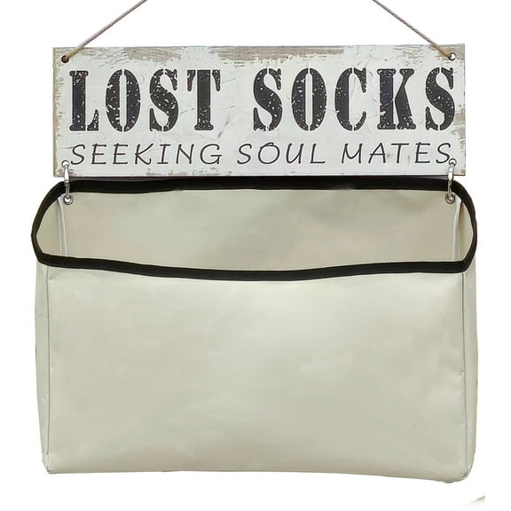 White Lost Socks Bag for Laundry Room, Lost Socks Wood Sign with Collapsible Basket, Funny Wall Decor Laundry Room Organization Room Decor