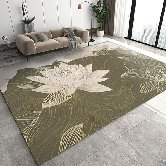 White Lotus Area Rug, Luxury Golden Lines Plant Indoor Non Slip Print Rugs, Machine Washable Carpet For Living Room Bedroom Kitchen Dining Room Home Office Decor Floor Mat 2x3ft