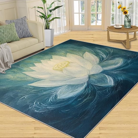 White Lotus Area Rug, Zen Lotus Bedroom Rugs, Elegant Flower Rugs for Living Room, Indoor Non-Slip Rug, Machine Washable Carpet for Front Entrance Floor Decor 5 x 8ft