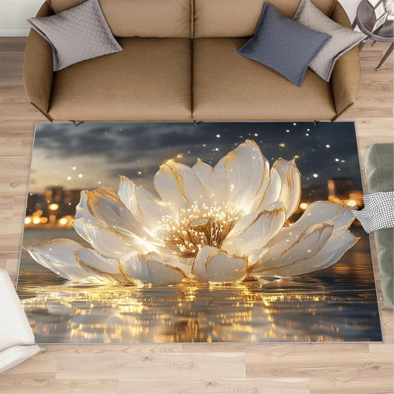White Lotus Area Rugs, Moonlight Washable Rugs for Living Room, Soft Non-Slip Thin Print Floor Carpet for Bedroom Room-2' x 3'