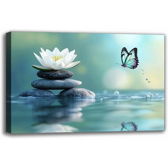 White Lotus & Butterfly Canvas Wall Art Print - Modern Framed Stone Patterns Zen Painting Wall Decor for Living Room Bedroom Bathroom Kitchen Home Office Decor - Ideal Gift for Spring/Summer