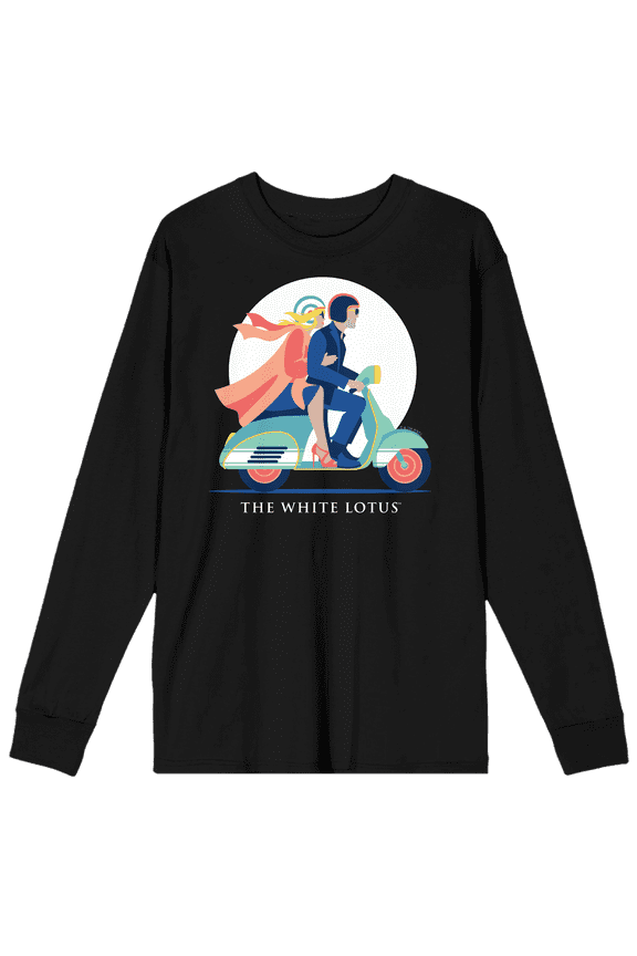 White Lotus Couple Riding Scooter Vector Art Crew Neck Long Sleeve Black Adult Tee-Large