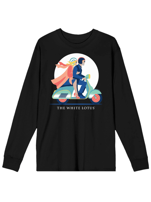 White Lotus Couple Riding Scooter Vector Art Crew Neck Long Sleeve Black Adult Tee-XS