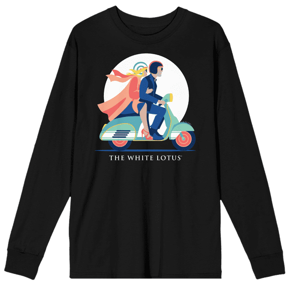 White Lotus Couple Riding Scooter Vector Art Crew Neck Long Sleeve Black Adult Tee-XXL