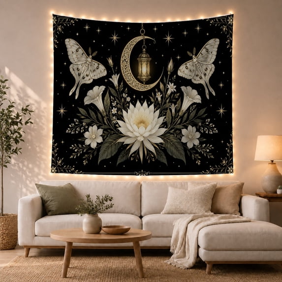 White Lotus and Crescent Moon with Moths Against Black Stars, Mystical Celestial for Dark Aesthetic Lovers, Botanical Wall Art, Halloween Gift, Tapestry Wall Hanging for Bedroom and Dorm