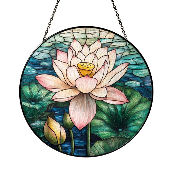 White Lotus Flower Stained Glass Style Window Hanging Suncatcher, Calm Floral Decor Gift for Meditation and Zen Home