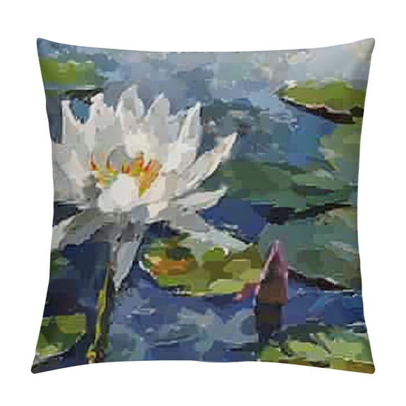 White Lotus Flower Throw Pillowcases Polyester, Silky Smooth & Luminous Sheen, Wrinkle-Resistant Bedding, Waterlily Floral Print Pillowcase