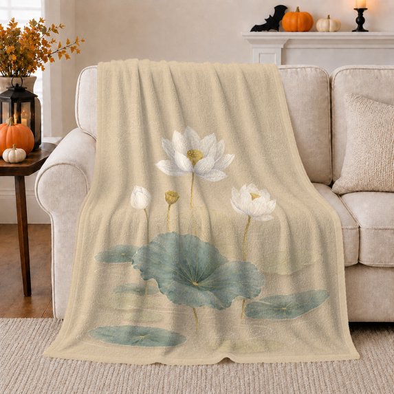 White Lotus Blossoms Above Broad Blue Green Leaves With Golden Stems, Cozy Flannel Blanket for Lotus Art Enthusiasts, Quiet Watercolor Home Decor for Bedroom and Study, Appreciation Gift