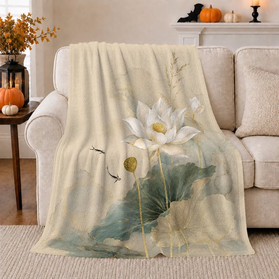 White Lotus Pond Birds Flannel Blanket for Couch Sofa Bed, Elegant Botanical Home Decor for Women Men, Peaceful Flower Gift for Birthday Holiday Reading Lounge Room