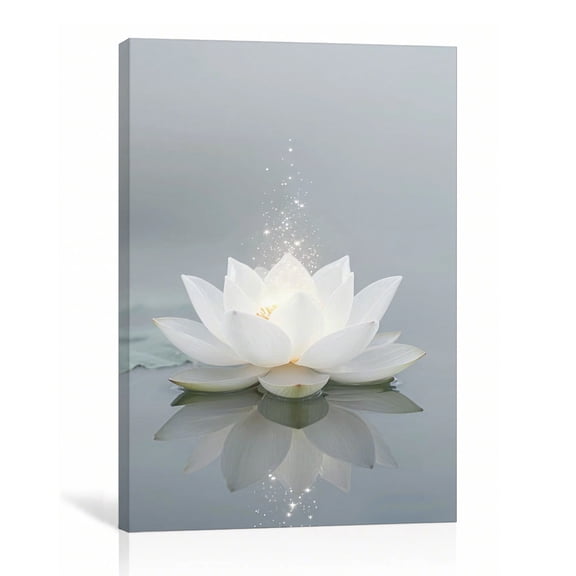 White Lotus Reflection Wall Art Large Zen Canvas Print Serene Floral Gallery Wrapped Canvas Spa Decor 24"L x 36"W