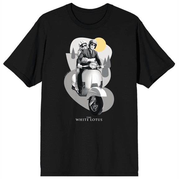 White Lotus Scooter Ride With Vector Background Crew Neck Short Sleeve Black Adult T-shirt-Medium