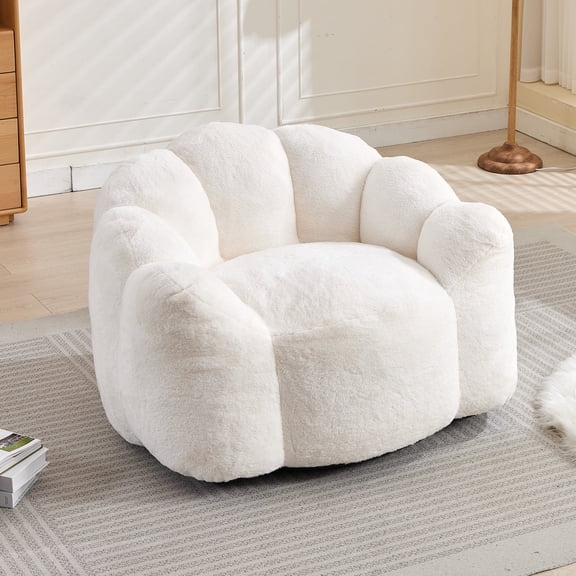 White Faux Fur Bean Bag Chair with Pull Ring, 43.7 in L x 39.76 in W x 26.77 in H
