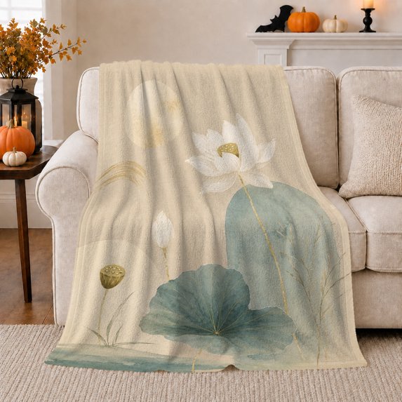 White Lotus with Teal Leaves and Gold Moon, Serene Botanical Style for Lotus Lovers, Soft Water Garden and Mother's Day Gift, Soft Flannel Blanket for Bedroom and Sunroom, Home Decor