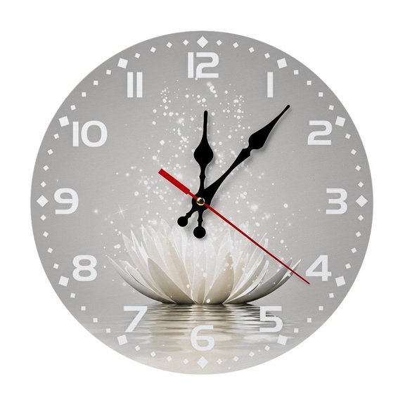 White Lotus Zen Print  Durable Wooden Analog Wall Clock, Silent Sweep Clock for Living Room & Office Decor