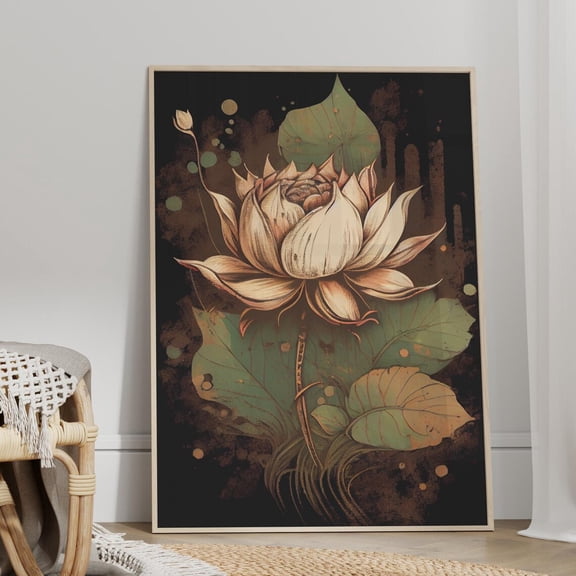 White Lotus Zen Wall Art, Vintage Asian Floral Decor, Unframed Canvas Size 24x36